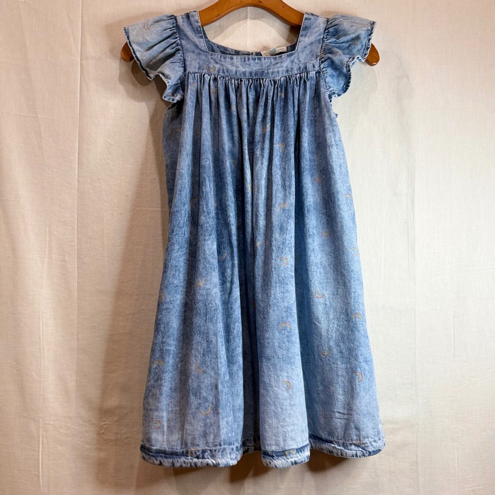 Tucker +Tate Girls Blue Acid Wash Denim Rainbow Embroidered Flutter Sleeve Dress - Picture 4 of 6